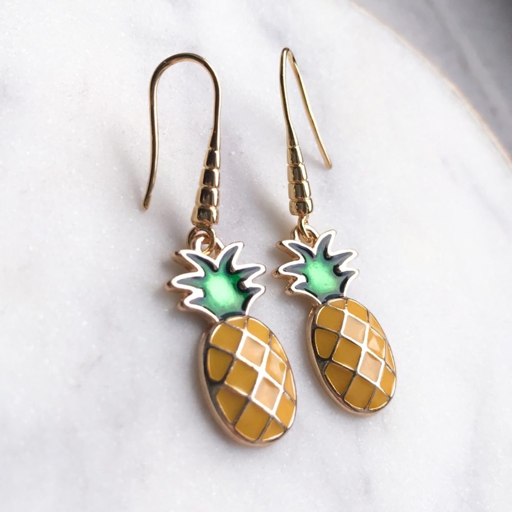 Pineapple Enamel Earrings Dangle Drop Gold Green - Picture 4 of 7